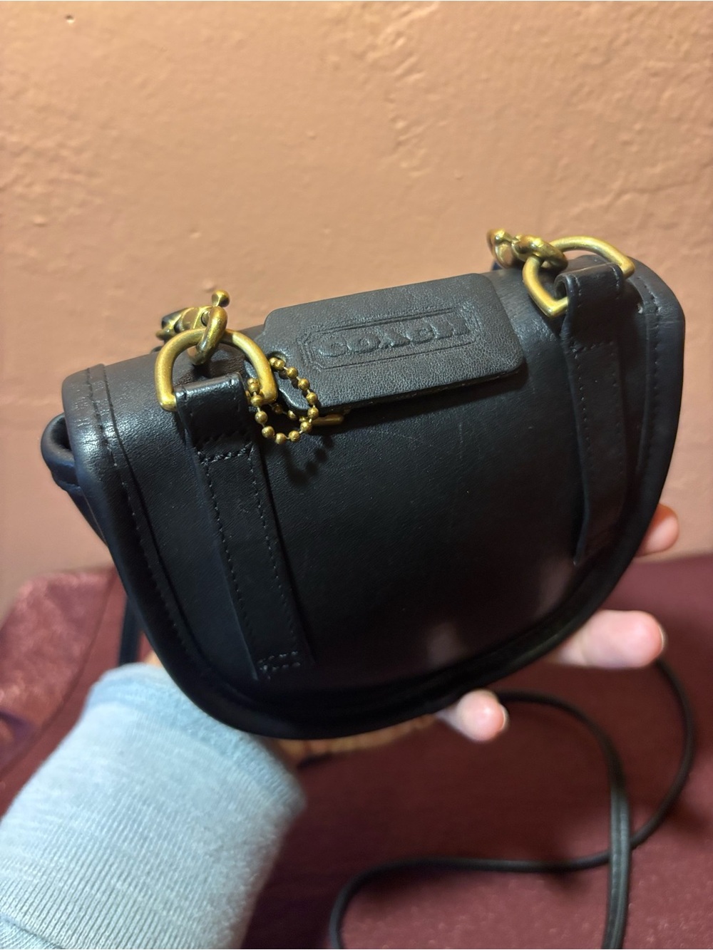 Coach USA Made Vintage Black Leather Crossbody Belt Saddle Purse Brass Hardware - Picture 10 of 16